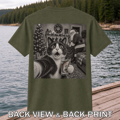 Christmas Cat Holding a Fish Mug Holiday Graphic T-Shirt | Back Print