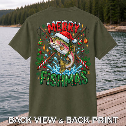 Merry Fishmas Santa Trout Christmas Fishing Graphic T-Shirt | Back Print