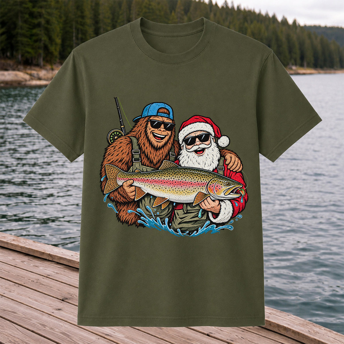 Bigfoot and Santa Holding Rainbow Trout Christmas Fishing Graphic T-Shirt