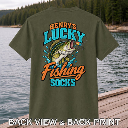 Henry's Lucky Fishing Socks Jumping Bass Graphic T-Shirt | Back Print