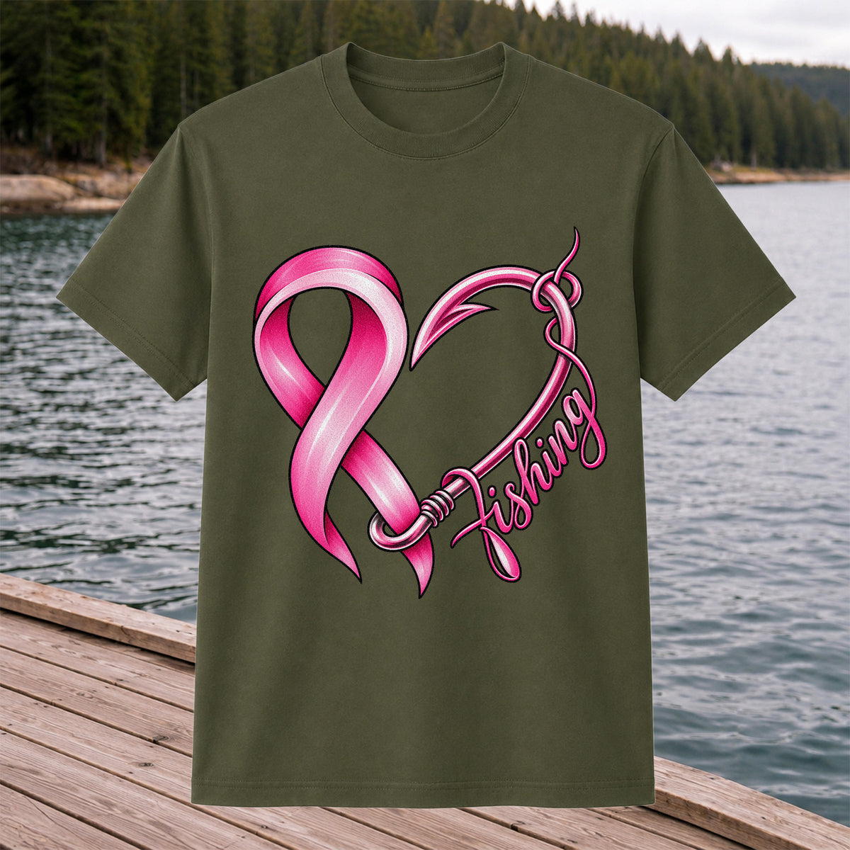 Pink Ribbon Heart Fish Hook Fishing Graphic T-Shirt