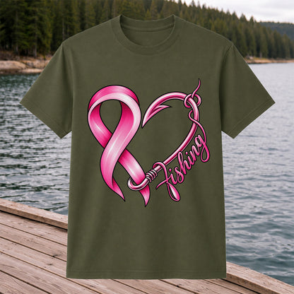 Pink Ribbon Heart Fish Hook Fishing Graphic T-Shirt
