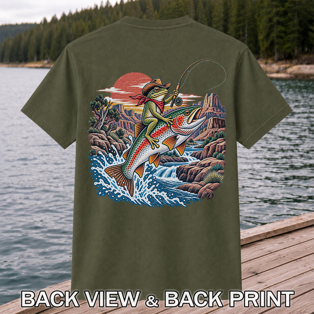 Cowboy Frog Riding a Rainbow Trout Canyon Fishing Graphic T-Shirt | Back Print