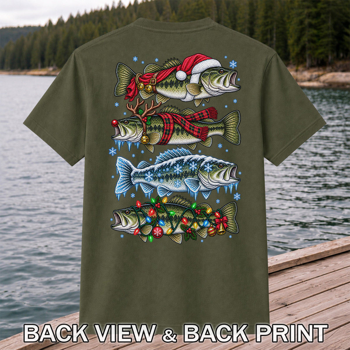 Christmas Bass with Santa Hat and Holiday Lights Fishing T-Shirt | Back Print