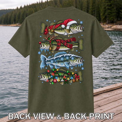 Christmas Bass with Santa Hat and Holiday Lights Fishing T-Shirt | Back Print