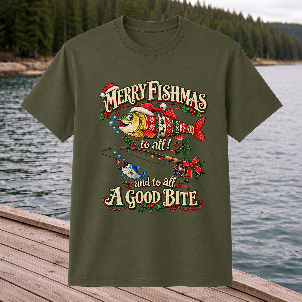 Merry Fishmas to All and to All a Good Bite Christmas Fishing T-Shirt