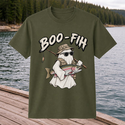 Boo-Fish Ghost Holding Rainbow Trout Fishing Graphic T-Shirt