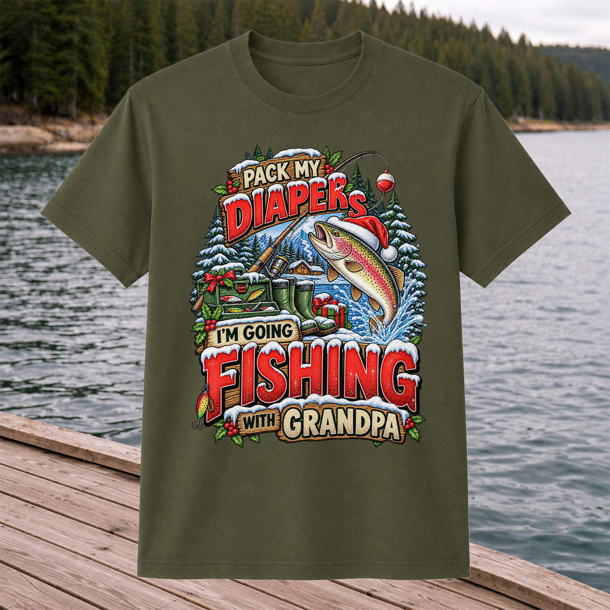 Pack My Diapers I'm Going Fishing With Grandpa Christmas Rainbow Trout T-Shirt