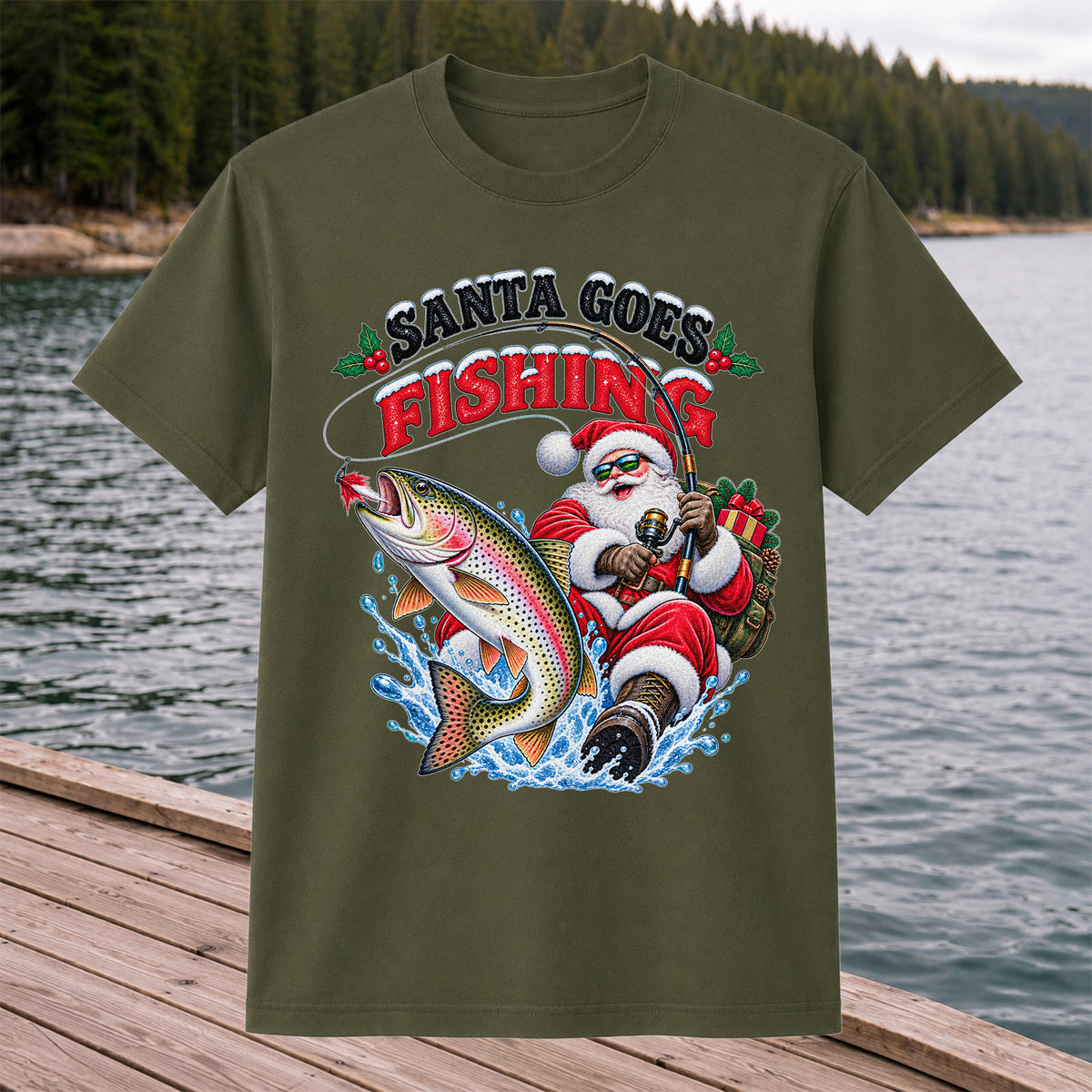 Santa Goes Fishing Rainbow Trout Christmas Graphic T-Shirt