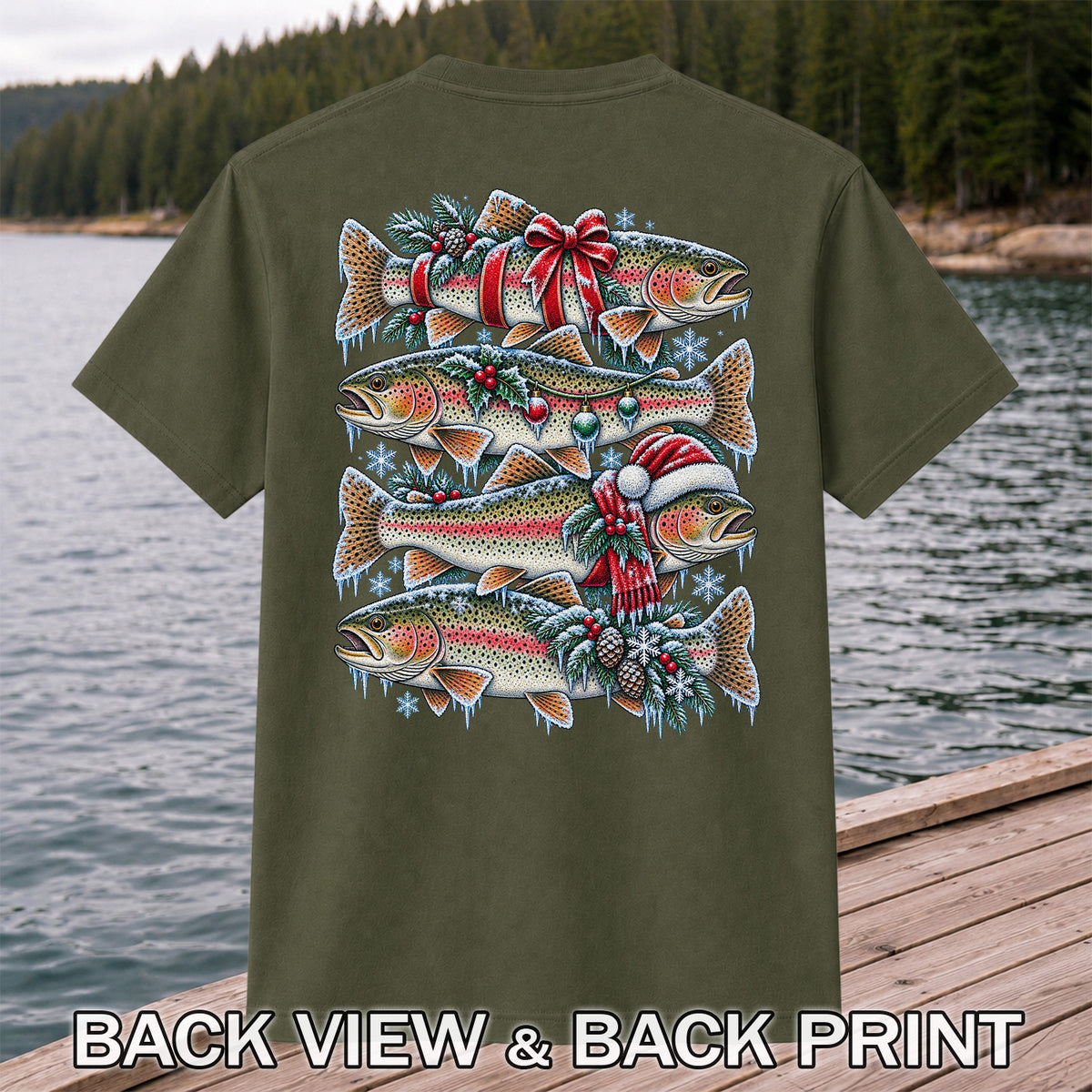 Festive Rainbow Trout Christmas Fishing Graphic T-Shirt | Back Print