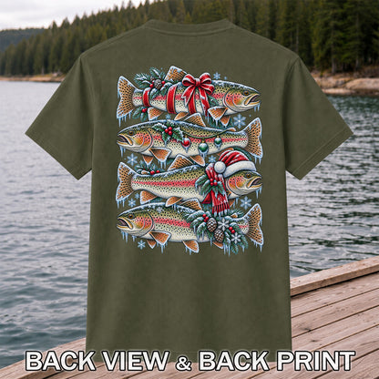 Festive Rainbow Trout Christmas Fishing Graphic T-Shirt | Back Print