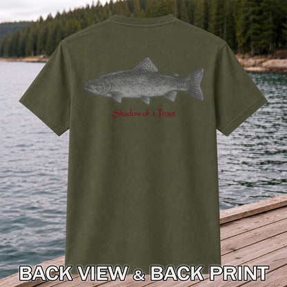 Shadow of a Trout Minimalist Trout Fishing Graphic T-Shirt | Back Print