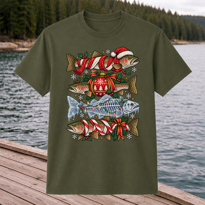 Christmas Rainbow Trout and Fish Skeleton Fishing Graphic T-Shirt