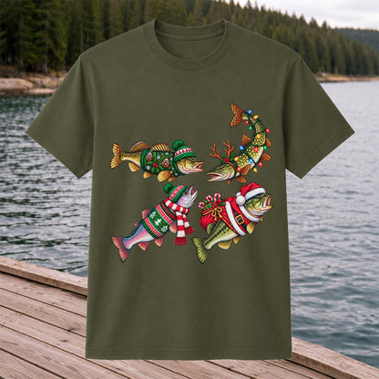 Festive Christmas Fish Wearing Holiday Sweaters Fishing T-Shirt