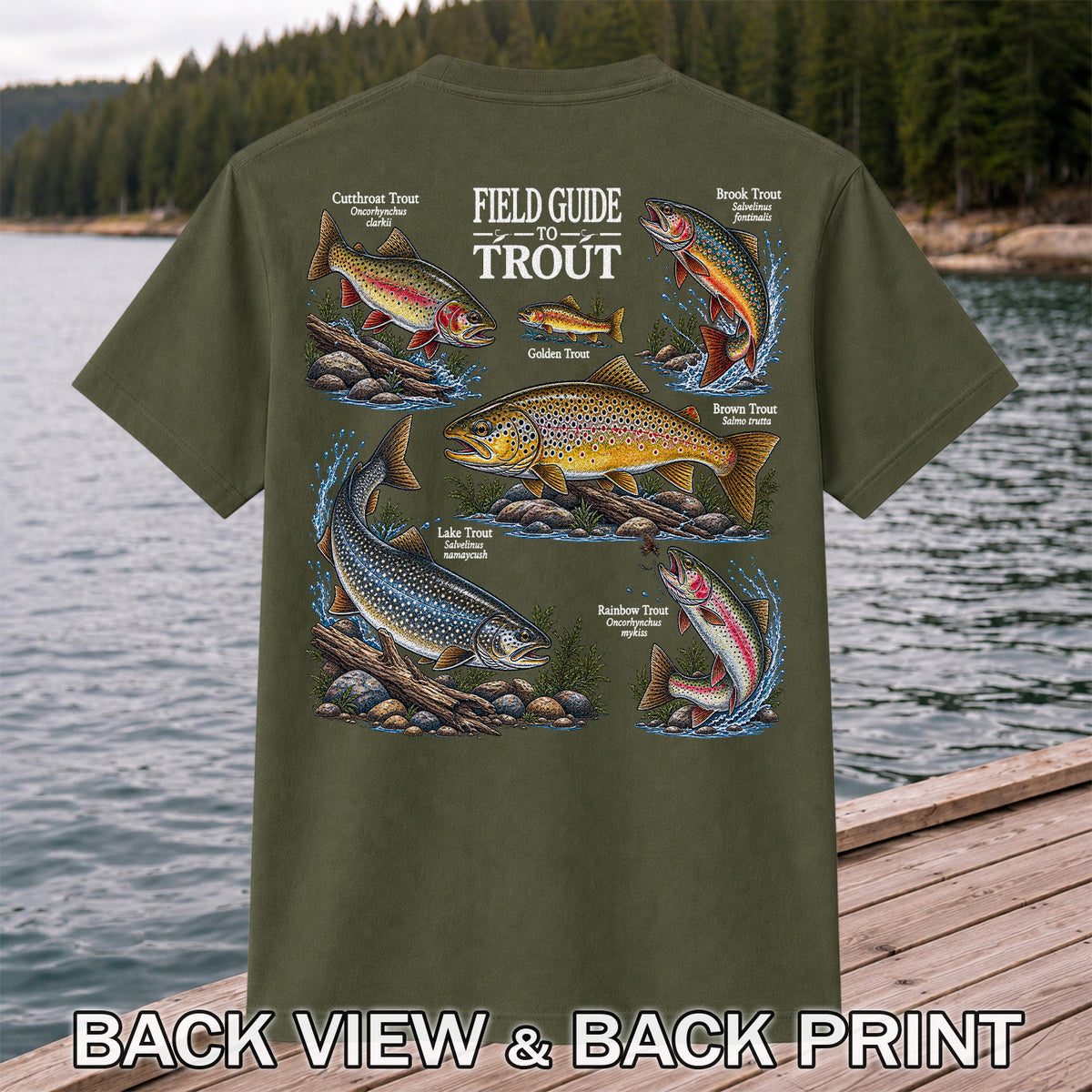 Field Guide to Trout Fishing Species Graphic T-Shirt | Back Print