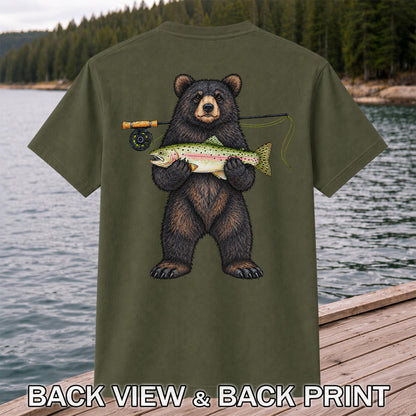 Black Bear Holding Rainbow Trout Fly Fishing Graphic T-Shirt | Back Print