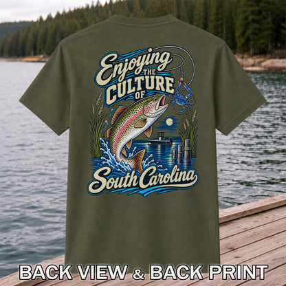 Enjoying the Culture of South Carolina Trout and Crab Fishing T-Shirt | Back Print