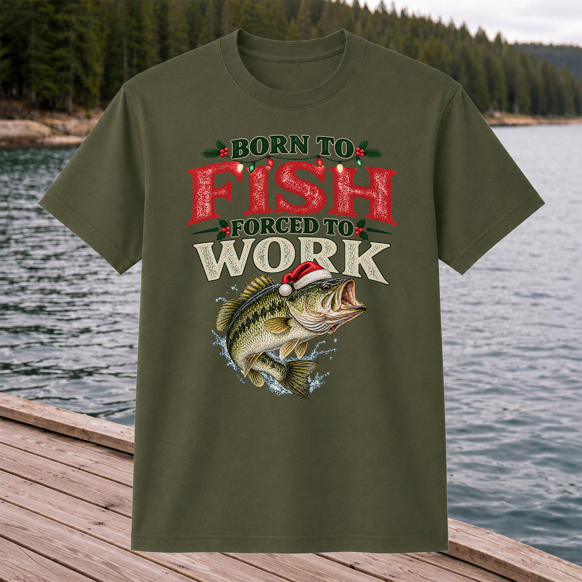 Born to Fish Forced to Work Christmas Largemouth Bass Graphic T-Shirt