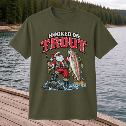Hooked on Trout Santa Claus Rainbow Trout Christmas Fishing T-Shirt