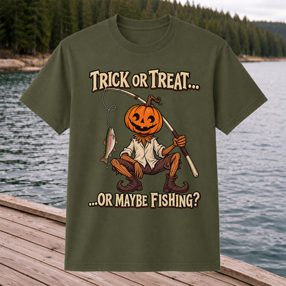 Trick or Treat Or Maybe Fishing Pumpkin Angler with Trout Halloween T-Shirt