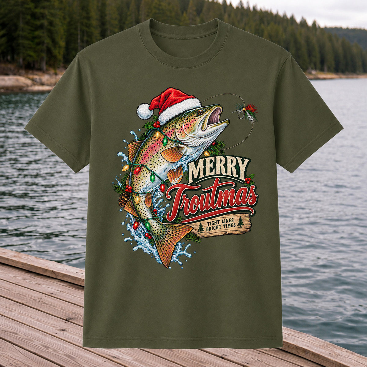 Merry Troutmas Tight Lines Bright Times Santa Hat Rainbow Trout Fishing T-Shirt
