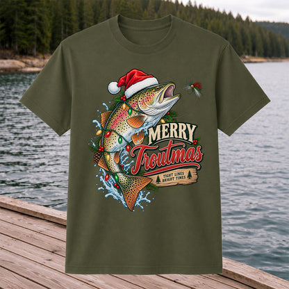 Merry Troutmas Tight Lines Bright Times Santa Hat Rainbow Trout Fishing T-Shirt