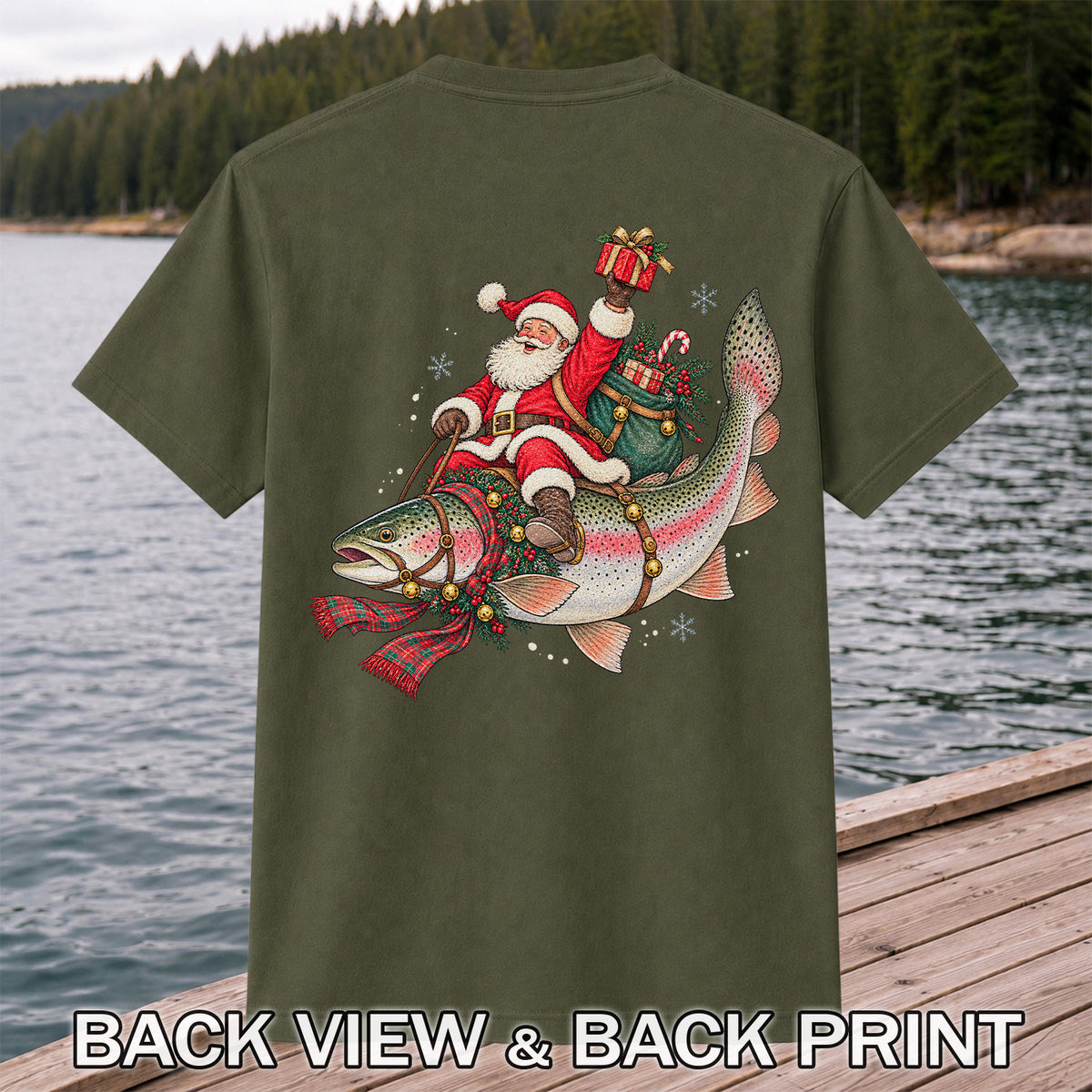 Santa Riding a Festive Rainbow Trout Christmas Fishing Graphic T-Shirt | Back Print