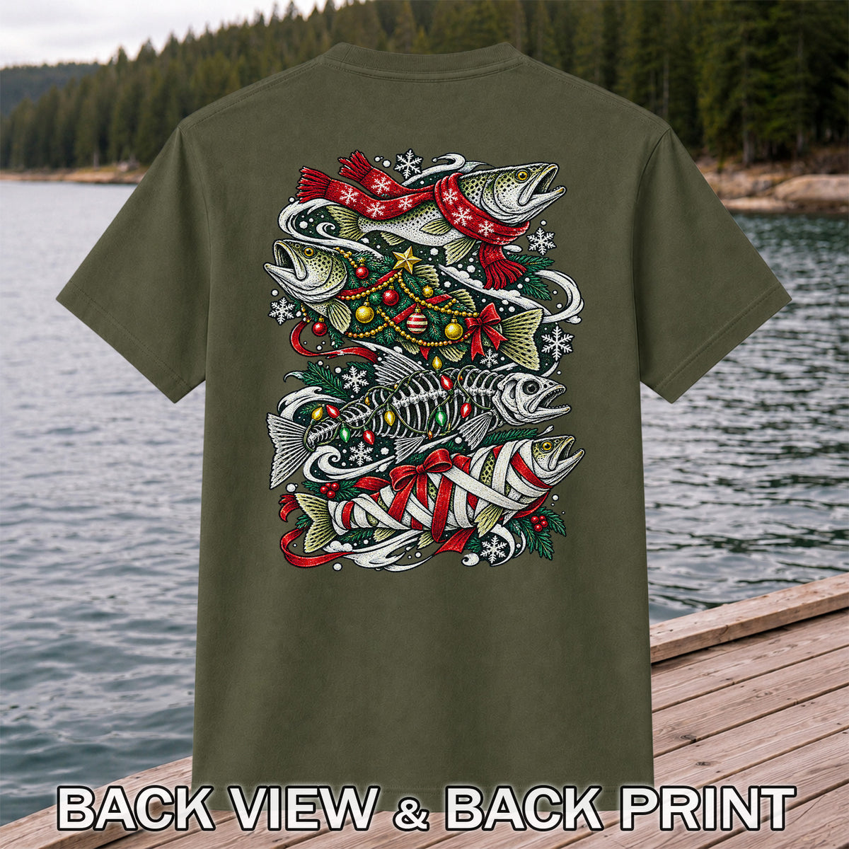 Christmas Trout and Fish Skeleton Holiday Fishing T-Shirt | Back Print