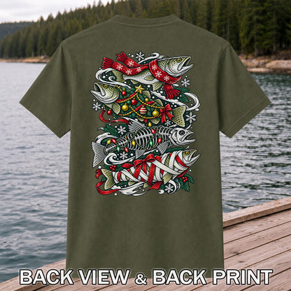 Christmas Trout and Fish Skeleton Holiday Fishing T-Shirt | Back Print