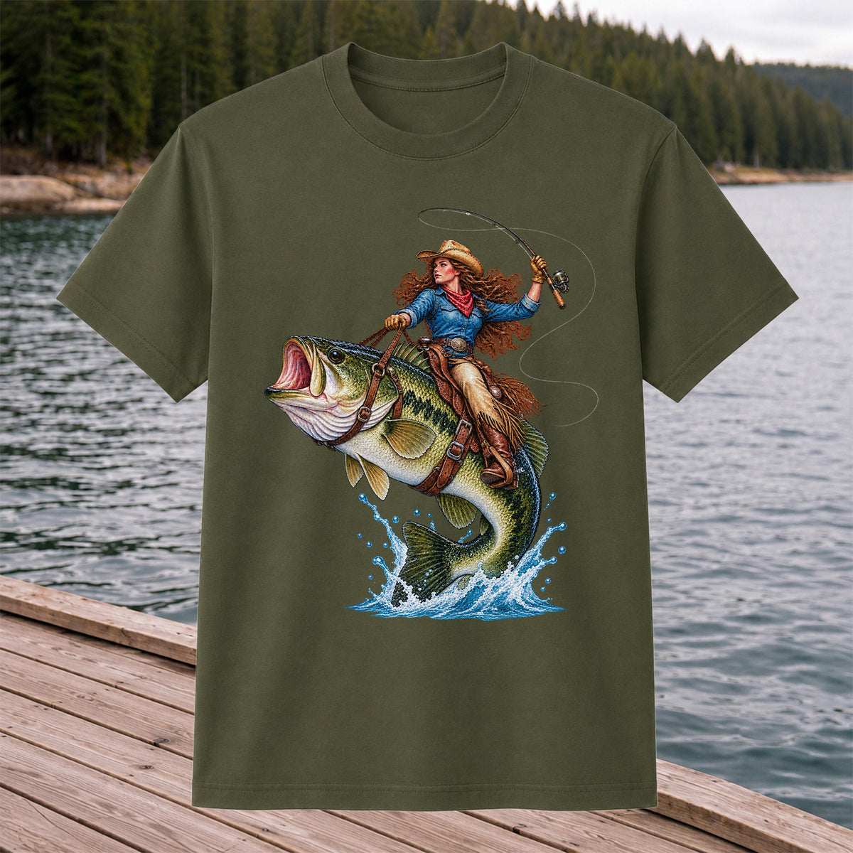 Cowgirl Riding a Largemouth Bass Fishing Graphic T-Shirt