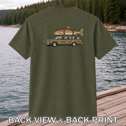 Vintage Station Wagon Carrying Rainbow Trout Fishing T-Shirt | Back Print