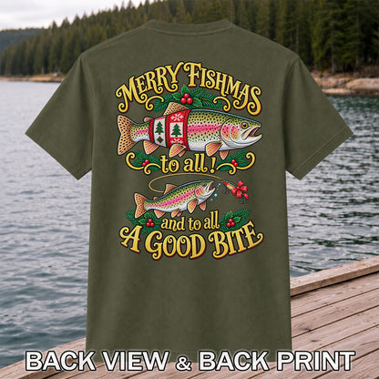 Merry Fishmas to All and to All a Good Bite Rainbow Trout Christmas Fishing T-Shirt | Back Print