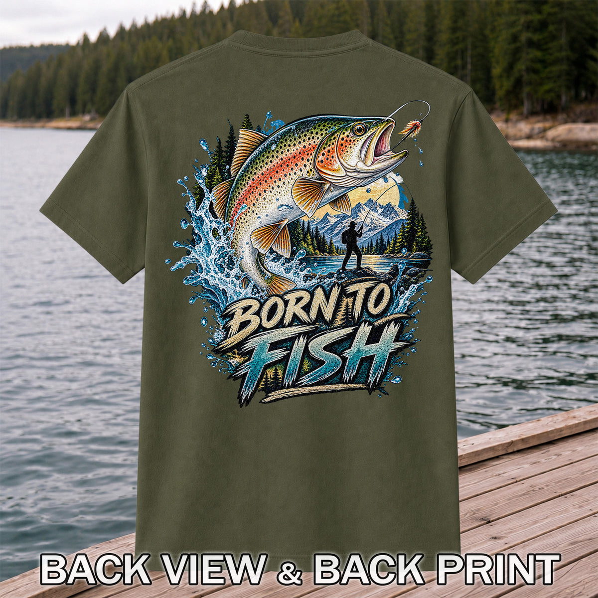 Born to Fish Rainbow Trout Fly Fishing Graphic T-Shirt | Back Print