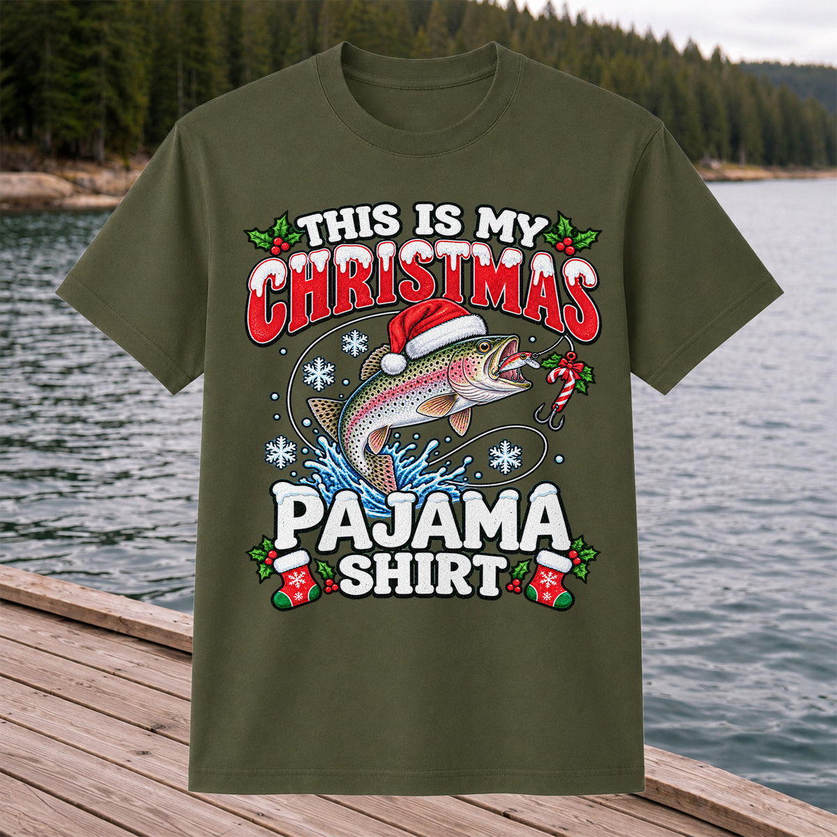 This Is My Christmas Pajama Shirt Rainbow Trout Fishing T-Shirt