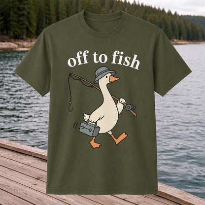Off to Fish Funny Fishing Goose Graphic T-Shirt