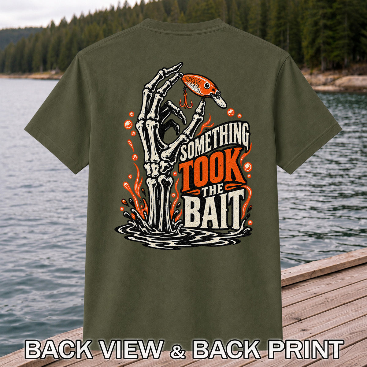 Skeleton Took the Bait Fishing Lure Gothic Graphic T-Shirt | Back Print