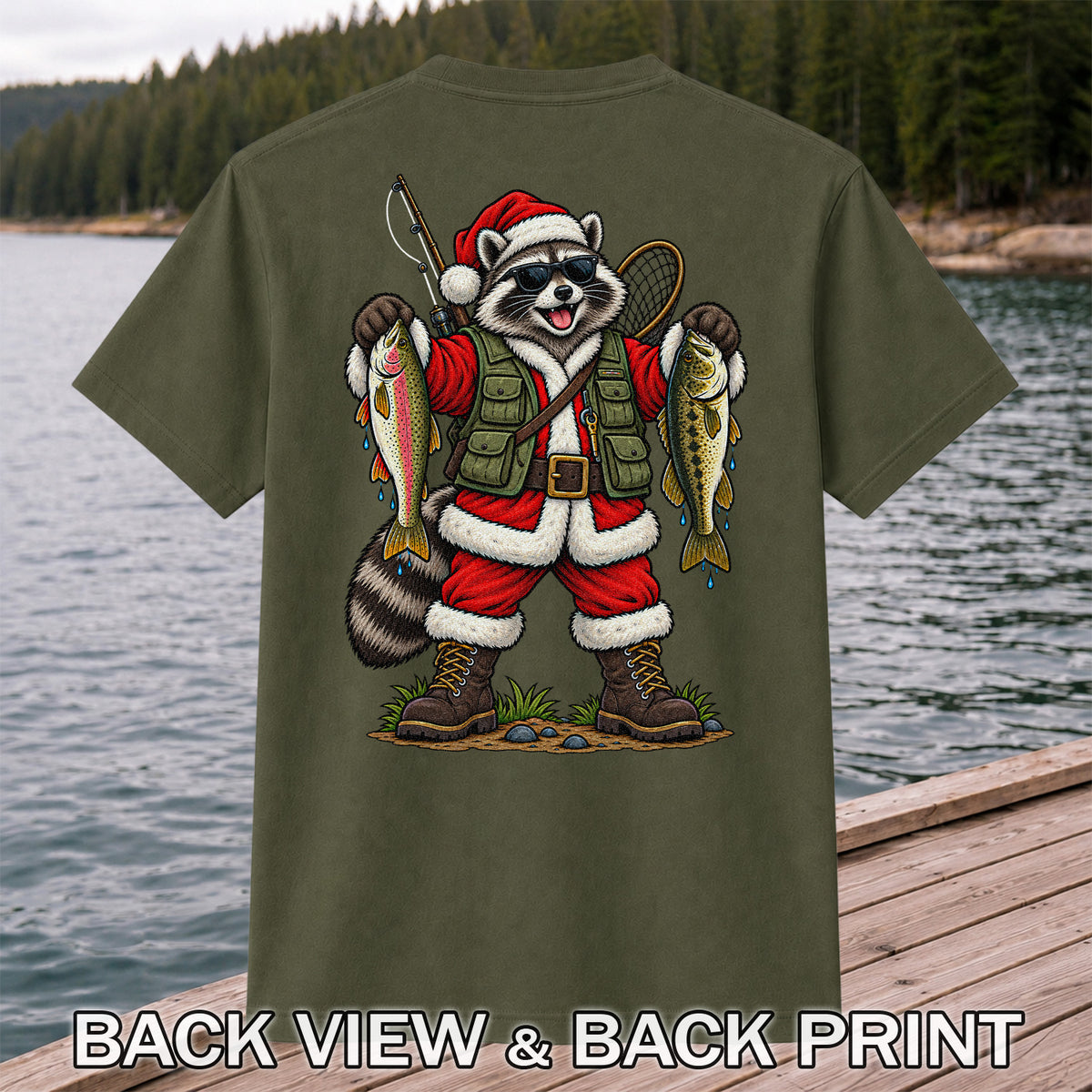 Santa Raccoon Holding Trout and Bass Christmas Fishing T-Shirt | Back Print