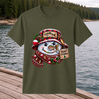 Merry Fishmas Snowman with Rainbow Trout Christmas Fishing T-Shirt