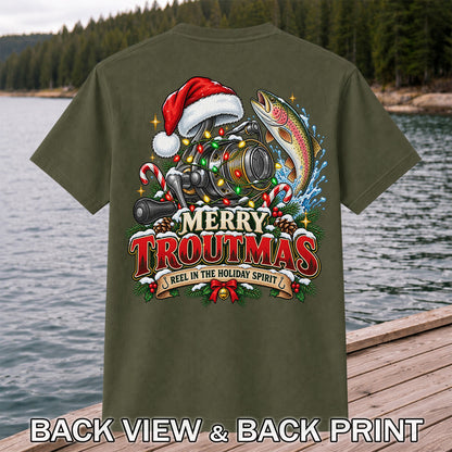 Merry Troutmas Reel in the Holiday Spirit Rainbow Trout and Fishing Reel T-Shirt | Back Print