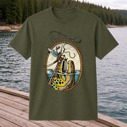 Brown Trout and Winged Fly Angler Vintage Fishing Graphic T-Shirt