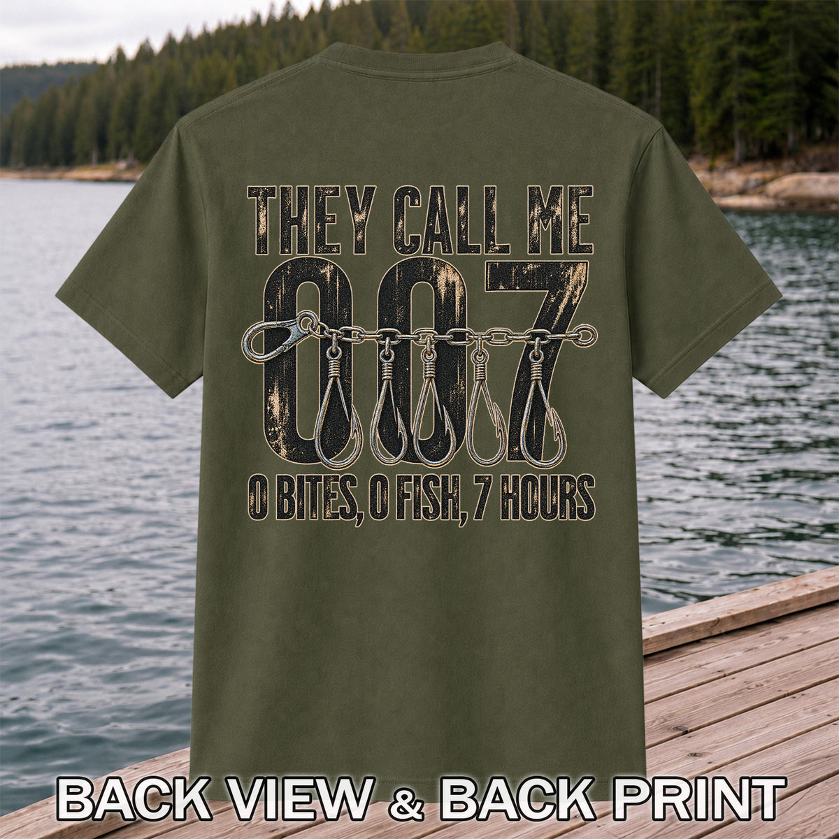 Zero Bites Fishing Hook Funny Graphic T-Shirt | Back Print