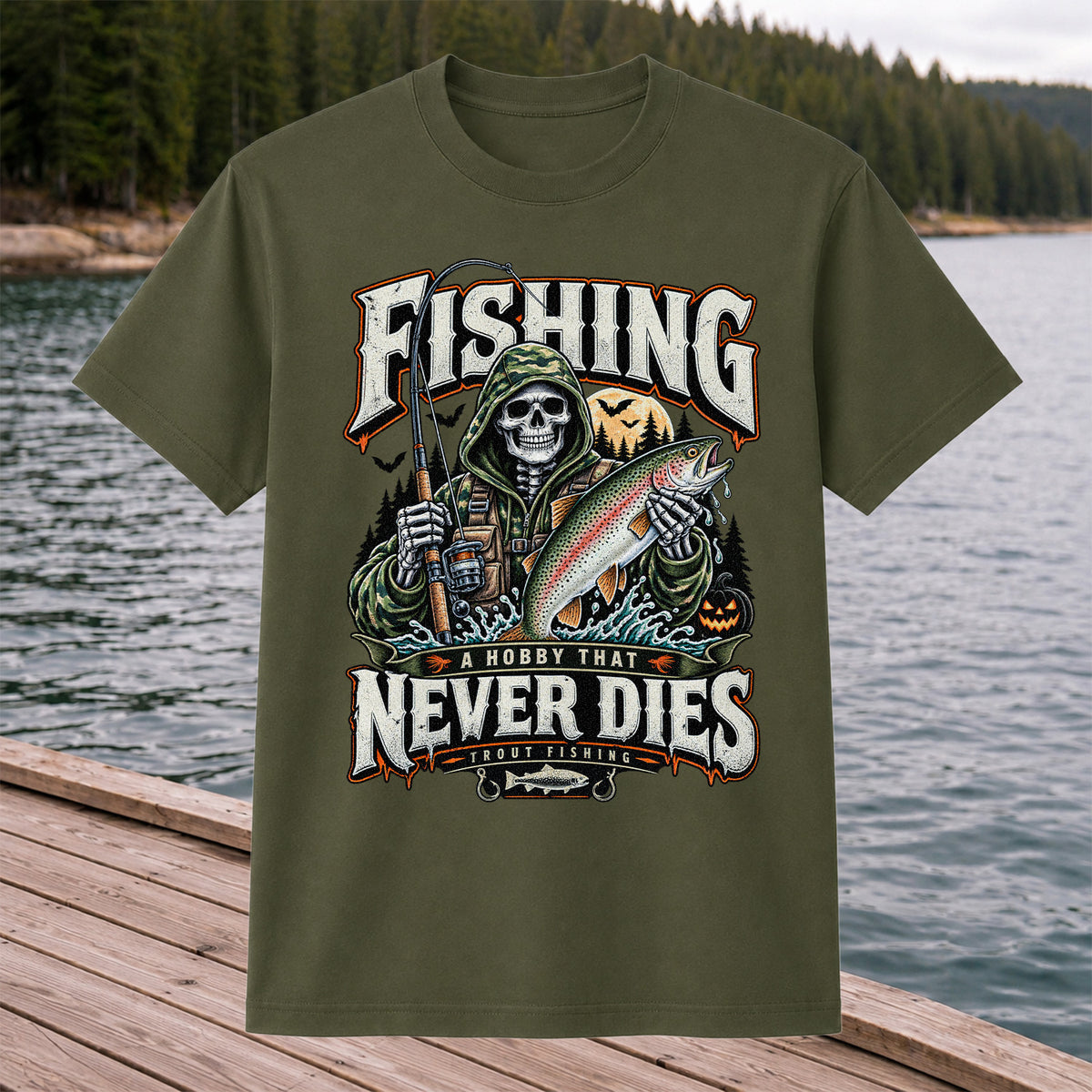 Fishing A Hobby That Never Dies Skeleton Holding Rainbow Trout Halloween T-Shirt