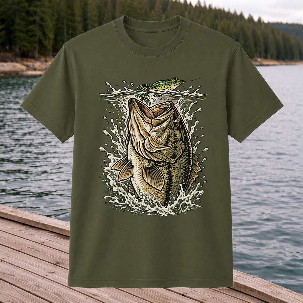 Largemouth Bass Striking a Frog Lure Fishing Graphic T-Shirt