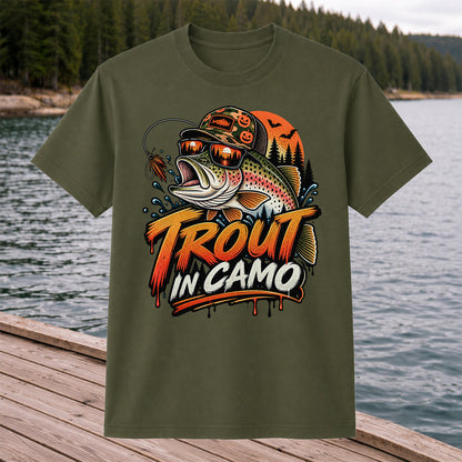 Trout in Camo Halloween Rainbow Trout Fishing Graphic T-Shirt