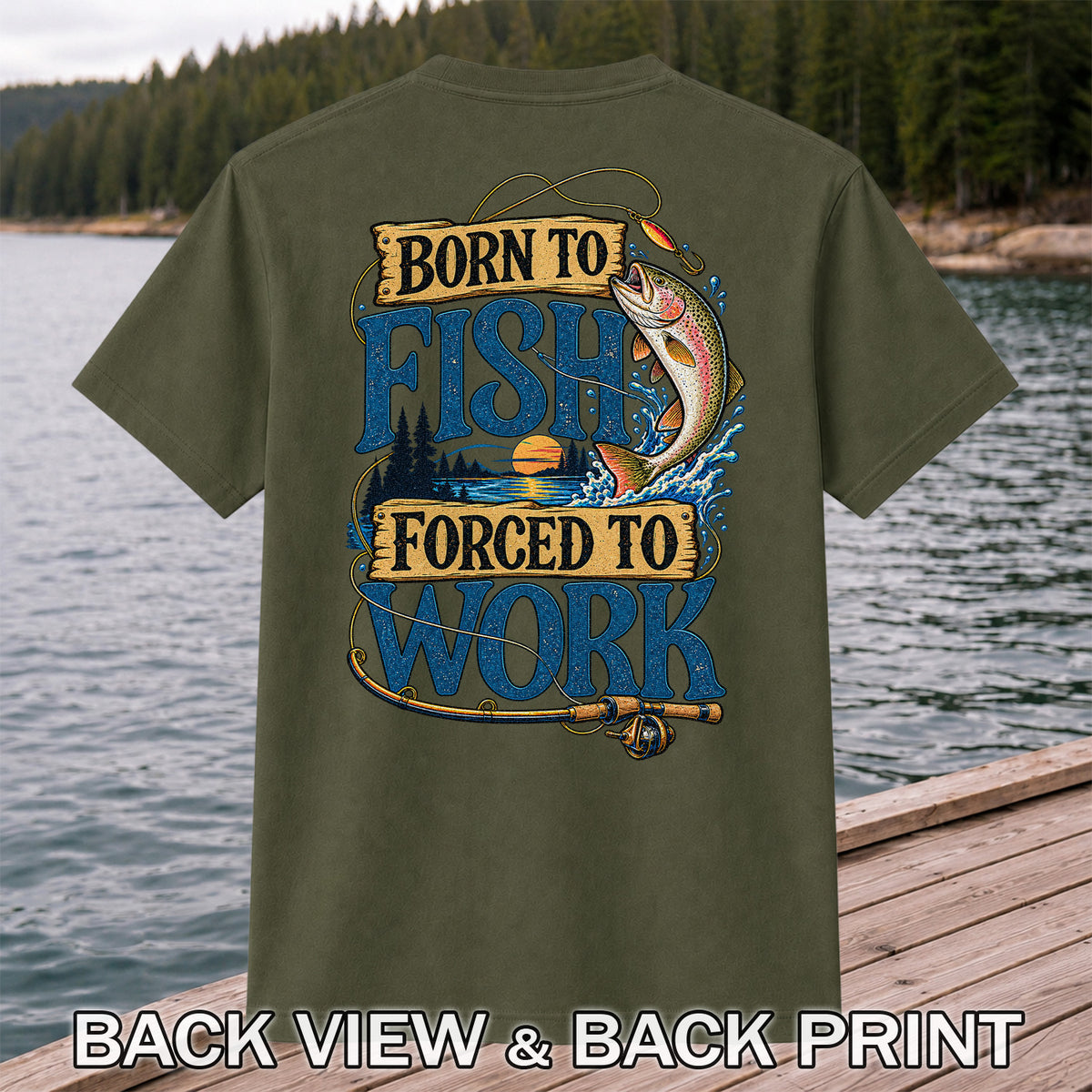 Rainbow Trout Lake Sunset Fishing Graphic T-Shirt | Back Print