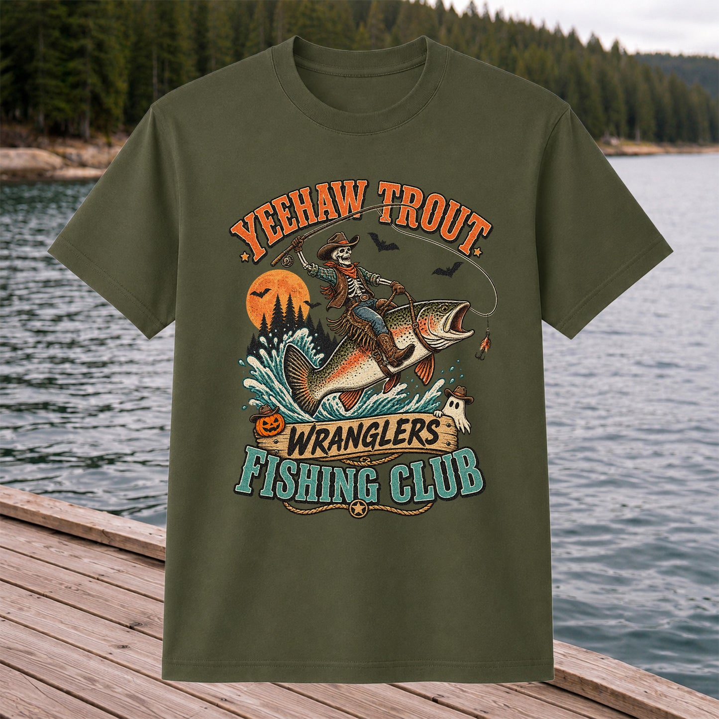 Yeehaw Trout Wranglers Fishing Club Halloween Skeleton Cowboy T-Shirt