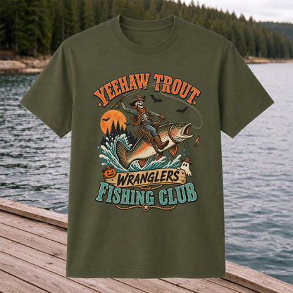 Yeehaw Trout Wranglers Fishing Club Halloween Skeleton Cowboy T-Shirt