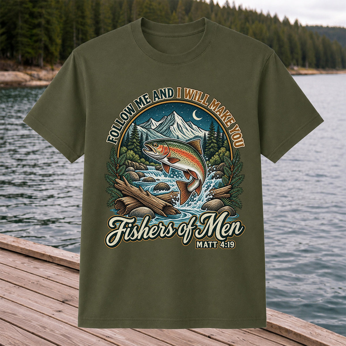 Follow Me and I Will Make You Fishers of Men Matt 4:19 Rainbow Trout Mountain River Fishing T-Shirt