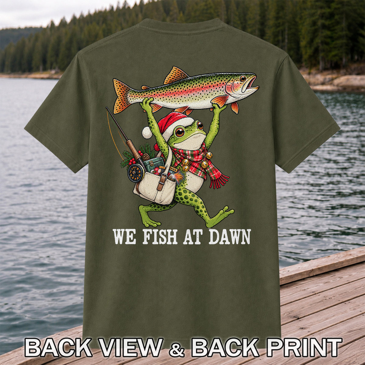 Frog Holding Rainbow Trout Fishing at Dawn Graphic T-Shirt | Back Print