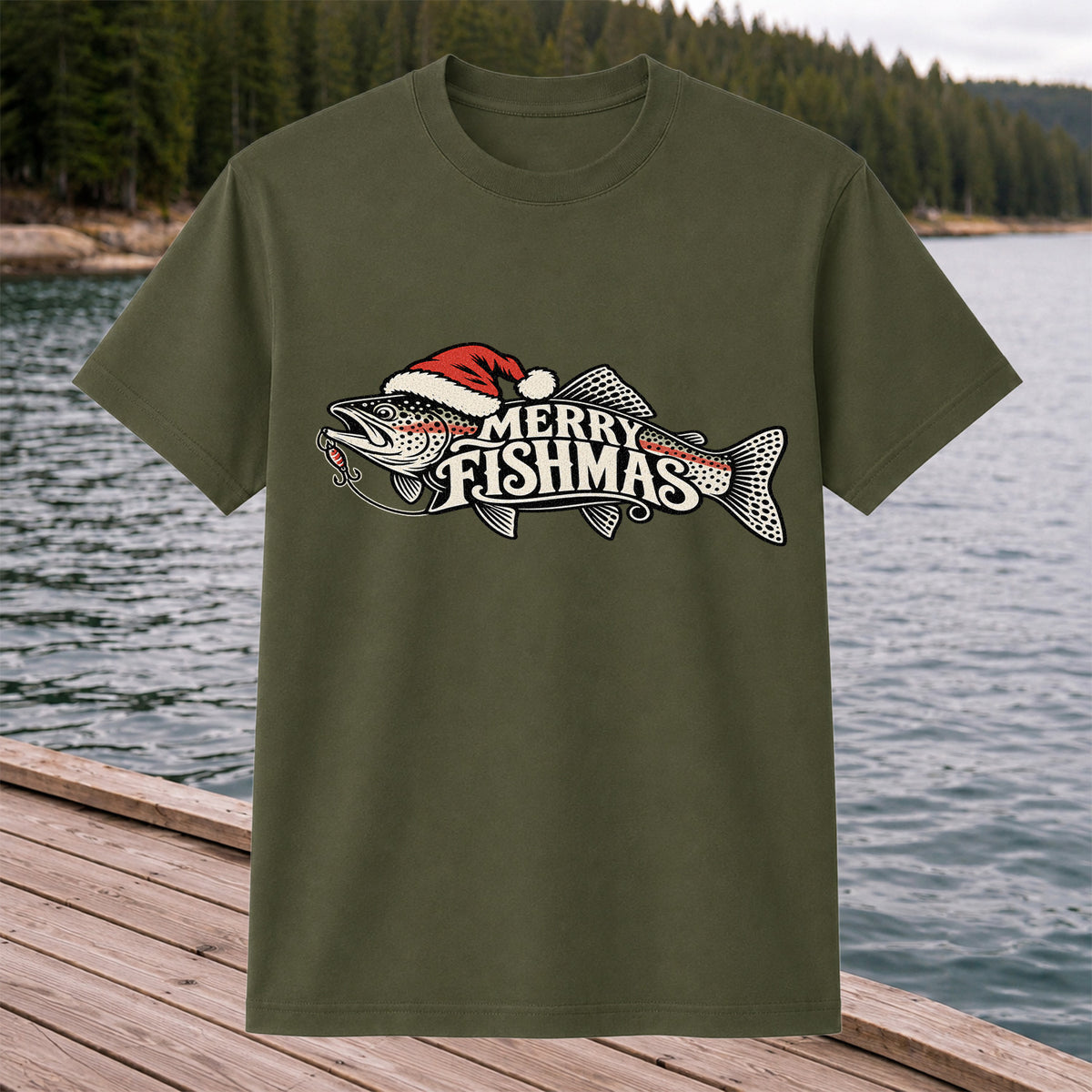 Merry Fishmas Rainbow Trout with Red Santa Hat and Lure Fishing T-Shirt